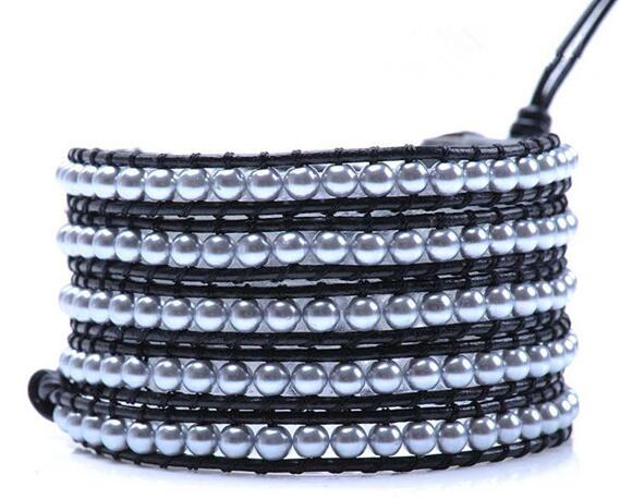 Wholesale light blue color 5 wrap leather bracelet