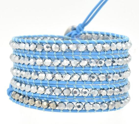 Wholesale grey color crystal 5 wrap leather bracelet