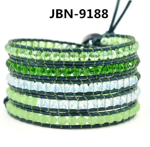 Wholesale green color crystal 5 wrap leather bracelet