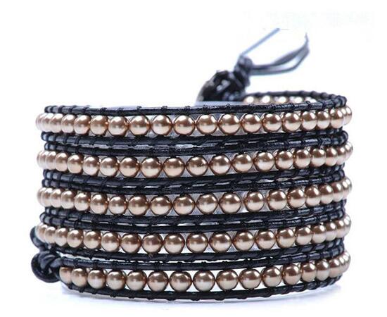 Wholesale diy color pearl 5 wrap leather bracelet