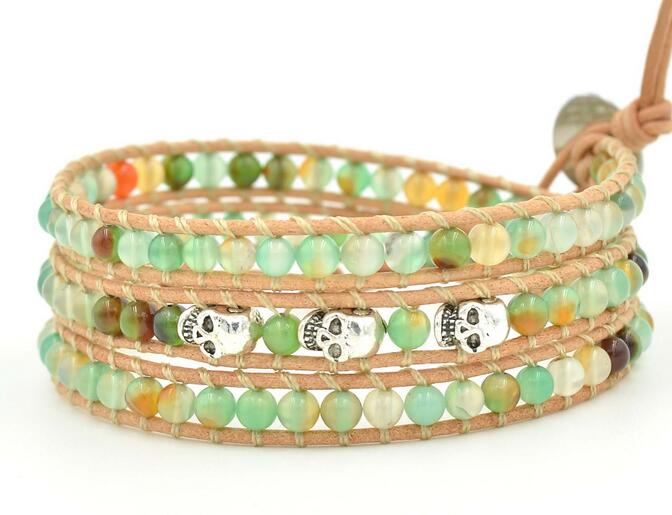 Wholesale colorful stone 3 wrap leather bracelet