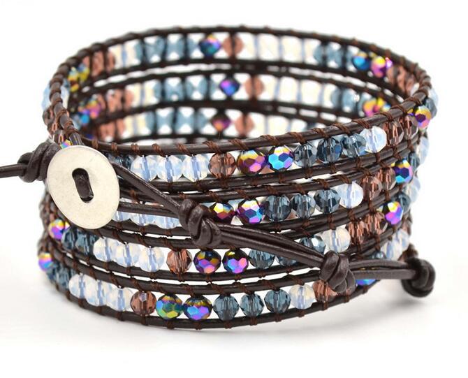 Wholesale colorful crystal 5 wrap leather bracelet