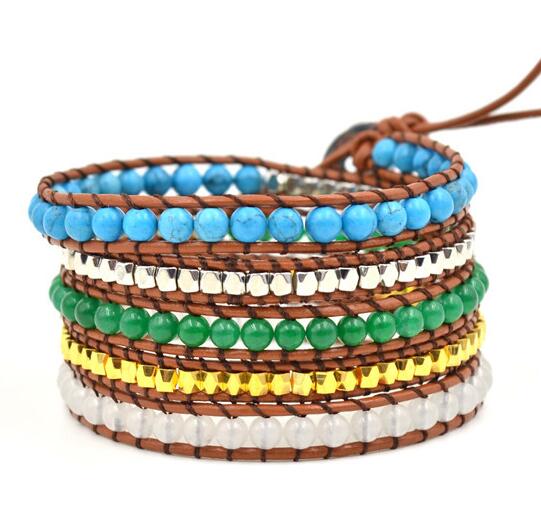 Wholesale colorful carnelian 5 wrap leather bracelet on brown leather