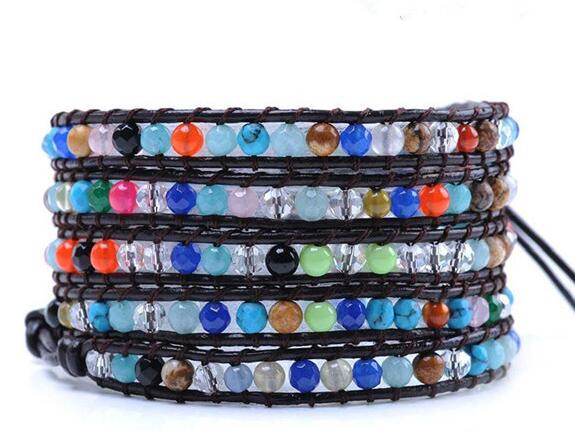 Wholesale colorful carnelian 5 wrap leather bracelet
