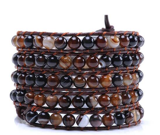 Wholesale brown color stone 5 wrap leather bracelet