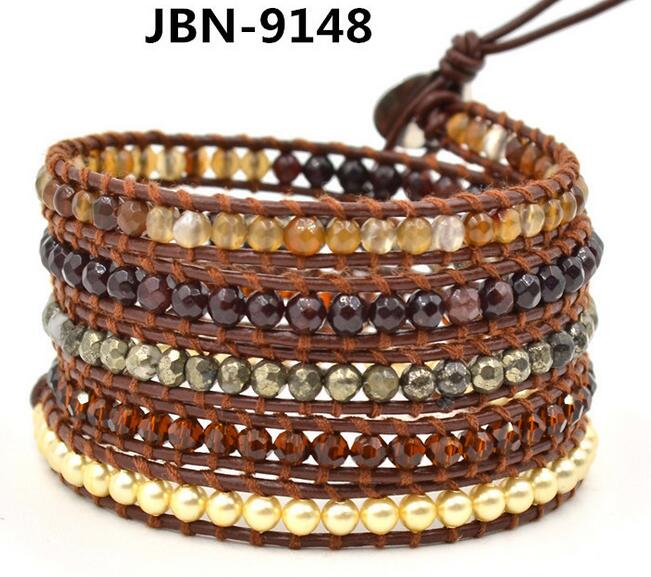 Wholesale brown color stone 5 wrap leather bracelet