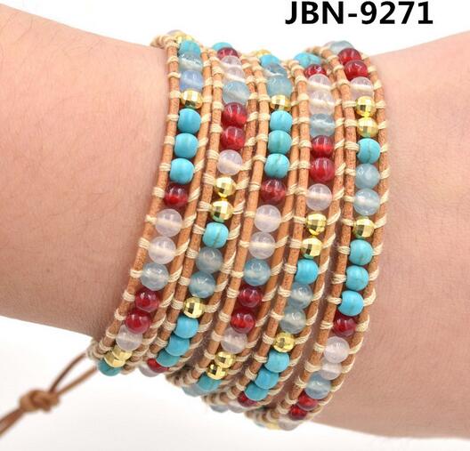 Wholesale blue turquoise 5 wrap leather bracelet