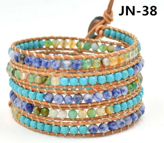 Wholesale blue turquoise 5 wrap leather bracelet