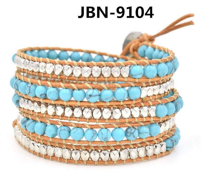Wholesale blue turquoise 5 wrap leather bracelet