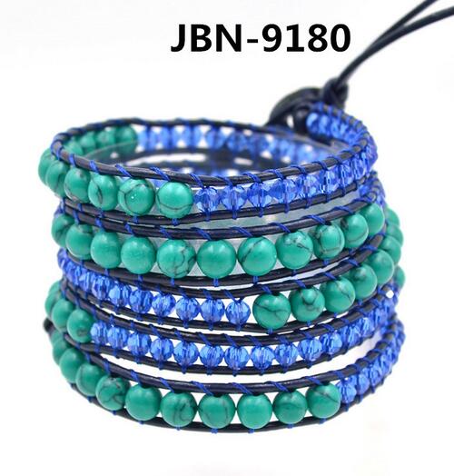 Wholesale blue turquoise 5 wrap leather bracelet