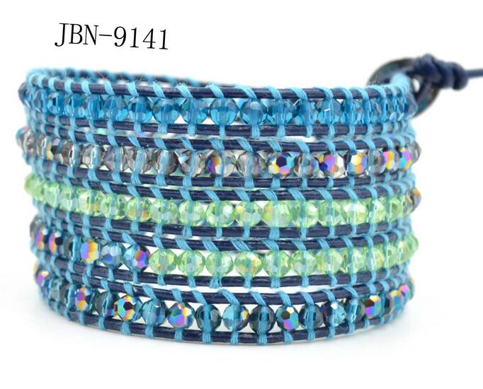 Wholesale blue crystal 5 wrap leather bracelet