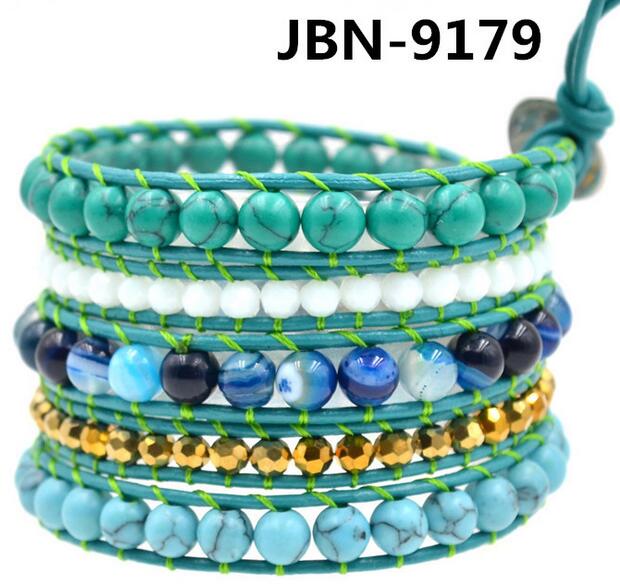 Wholesale blue color turquoise 5 wrap leather bracelet