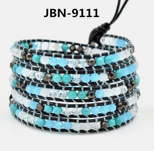 Wholesale blue color turquoise 5 wrap leather bracelet