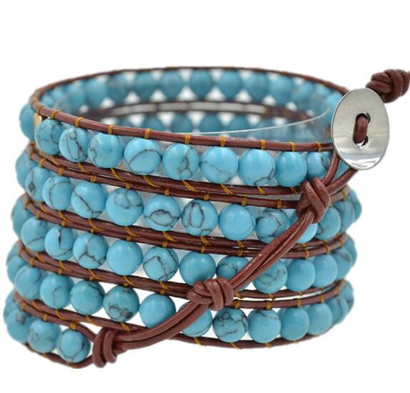 Wholesale blue color turquoise 5 wrap leather bracelet