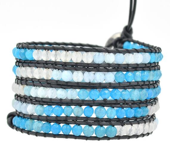 Wholesale blue color crystal 5 wrap leather bracelet
