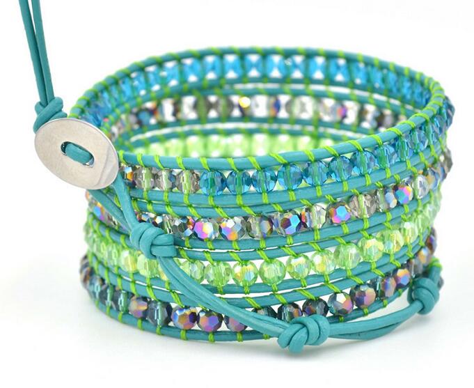 Wholesale blue color crystal 5 wrap leather bracelet