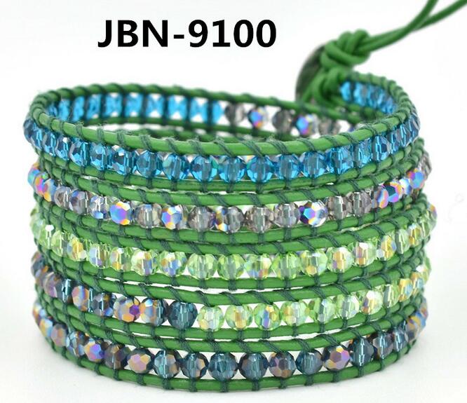 Wholesale blue color crystal 5 wrap leather bracelet