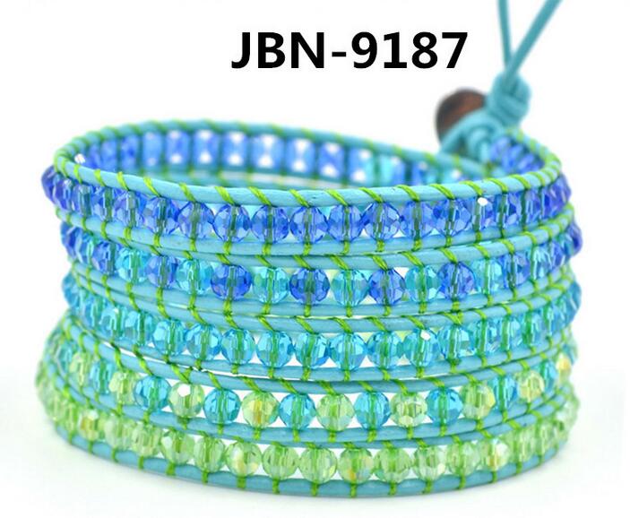 Wholesale blue color crystal 5 wrap leather bracelet