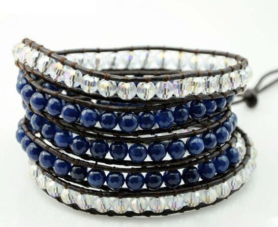 Wholesale blue color carnelian and white color 5 wrap leather bracelet