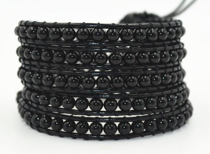 Wholesale black color carnelian 5 wrap leather bracelet