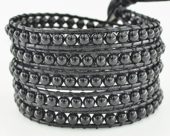 Wholesale black color carnelian 5 wrap leather bracelet