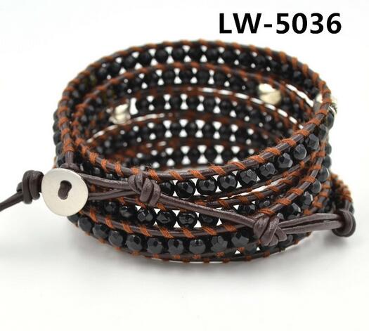 Wholesale black color carnelian 5 wrap leather bracelet