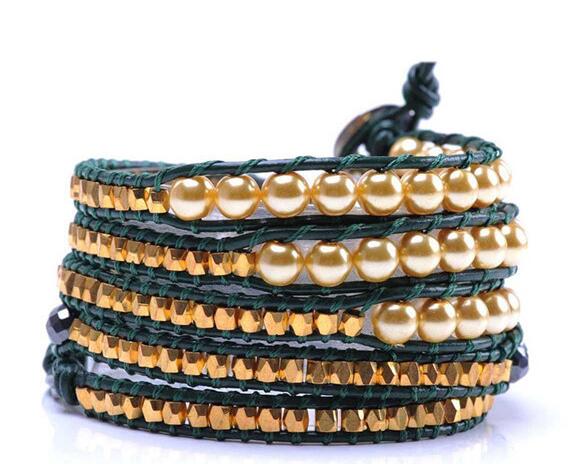 Wholesale beige color pearl 5 wrap leather bracelet