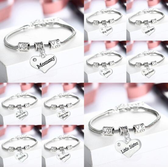 Promotional sister nana dad mom word heart shape alloy bracelet