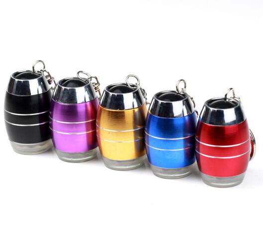 Promotional custom logo cheap style barrel shape mini led keychain
