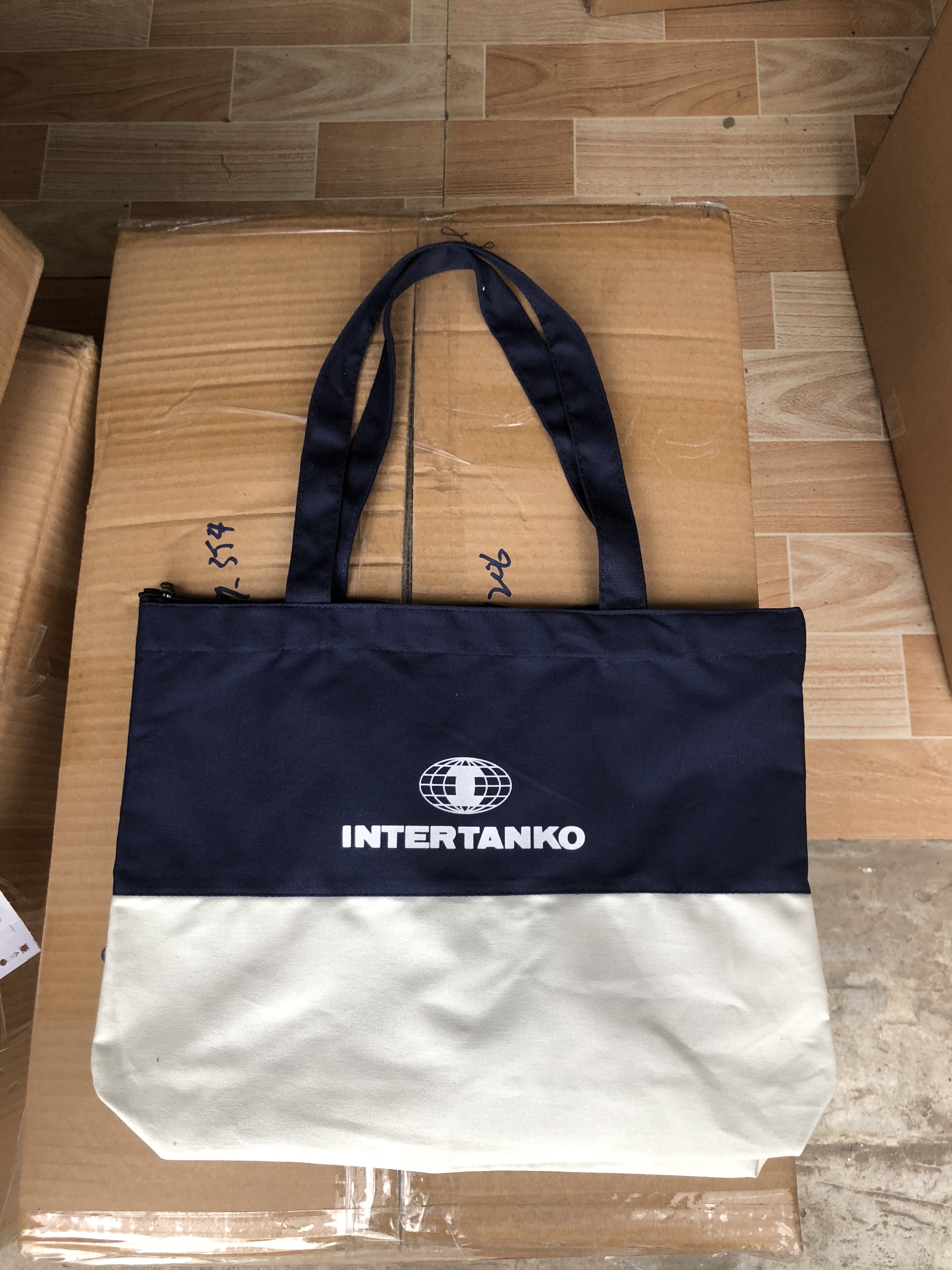 Promotional 8oz blue and white color cotton shopping bag
