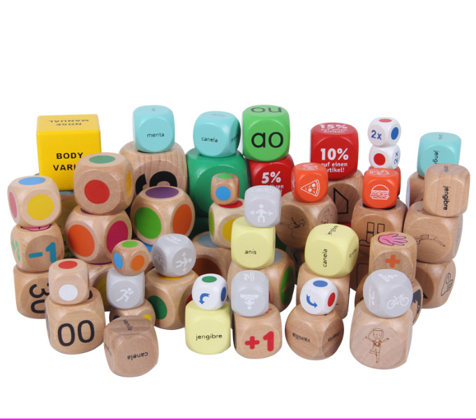 Customize colorful wooden game dice with your content or logo